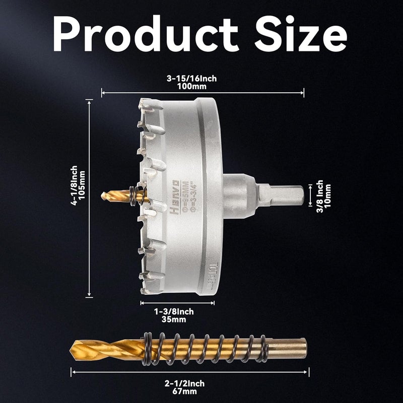 Henvo Hole Saw 3-3/4" (95mm) Heavy Duty Carbide with 2 Pilot Drill Bits - Metal Hole Cutter Cuts Stainless Steel, Iron, Copper, Brass, Plastic - Image 2